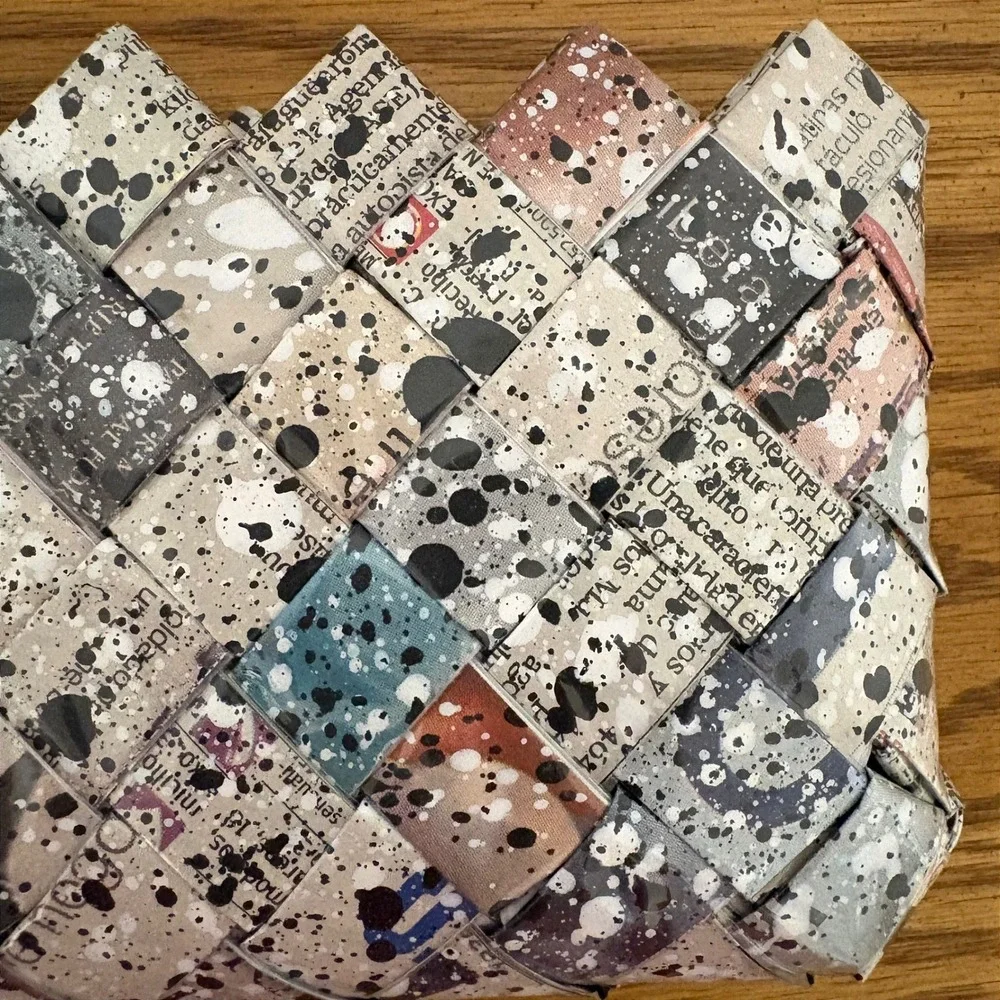 Nahui Ollin Recycled Paper Woven Wristlet Clutch Newspaper Paint Splatter Print